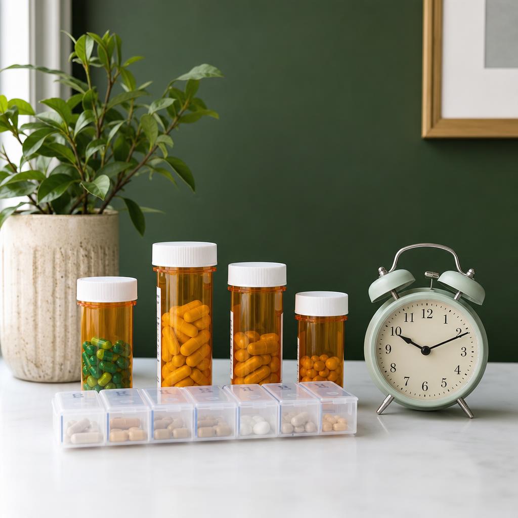 Prescription bottles beside a weekly pill organizer and an alarm clock on a counter