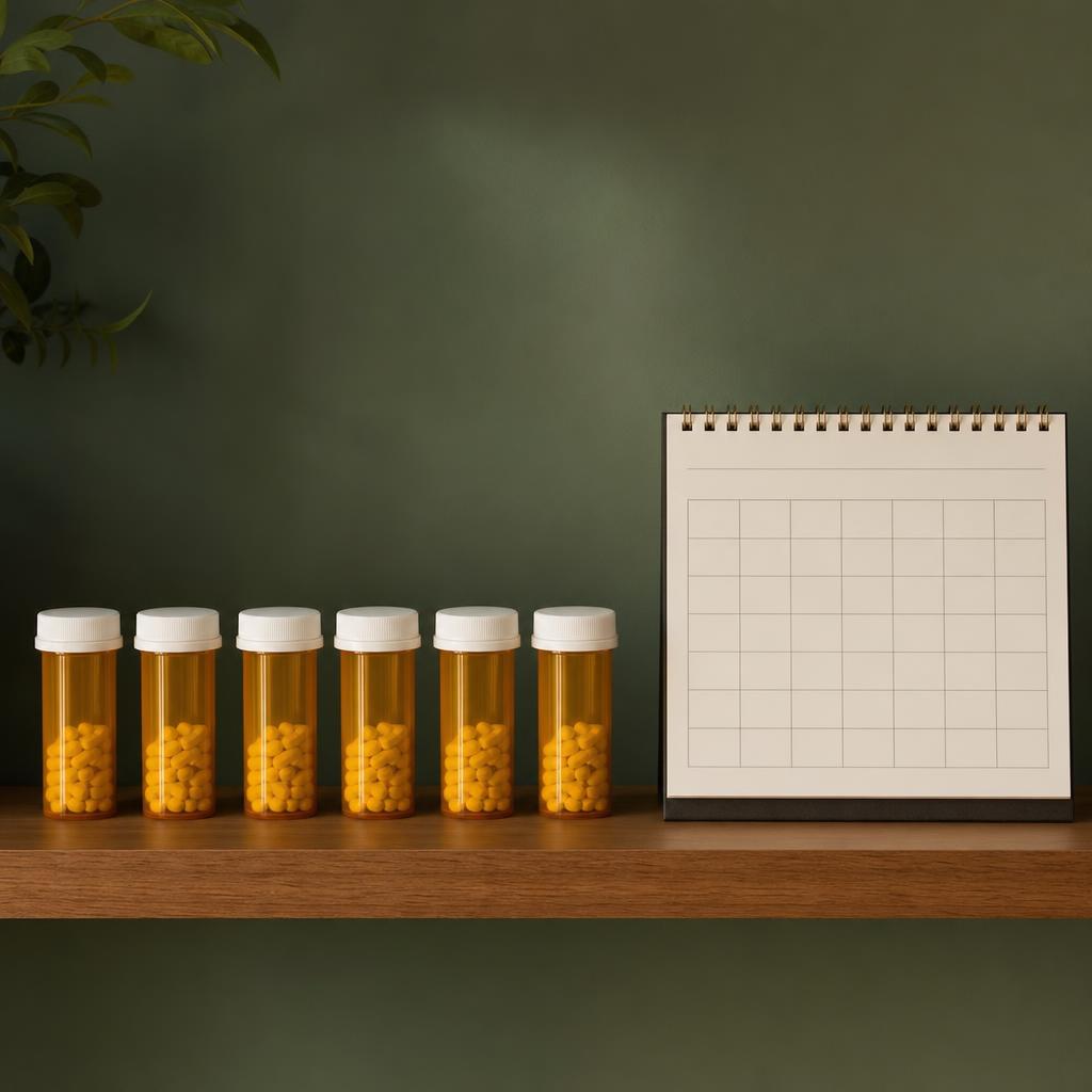 A row of aligned prescription bottles on a shelf beside a wall calendar
